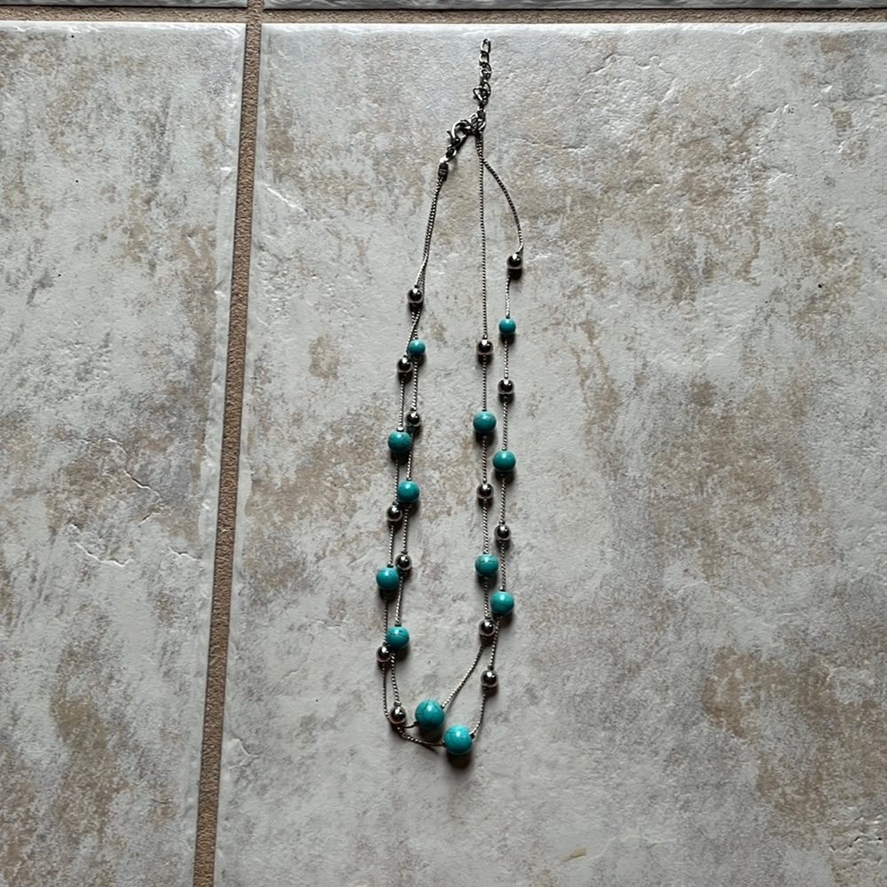 Double layer silver necklace with turquoise accent stones
